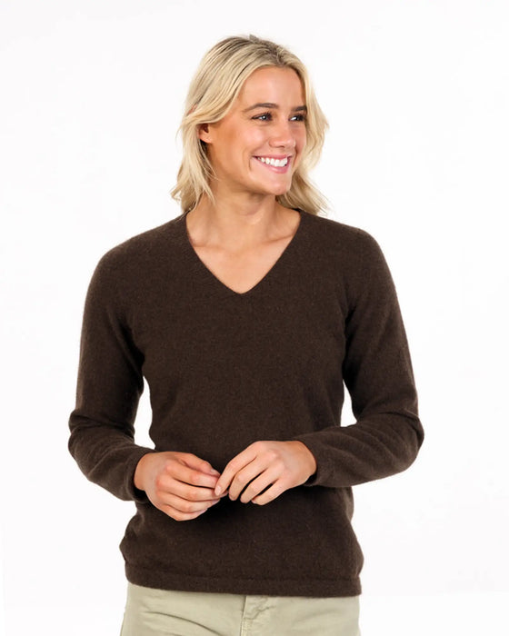 NB396 womens vee-neck possum merino sweater cocoa