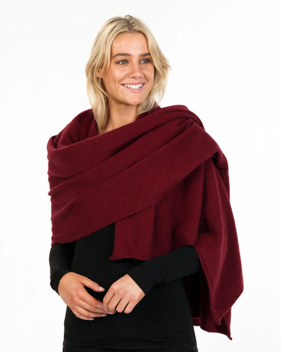 NE815 cherry red travel wrap in possum merino wool
