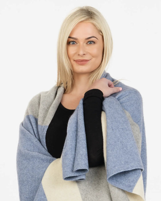 NE815 Crystal blue stripe travel  wrap in possum merino wool blend