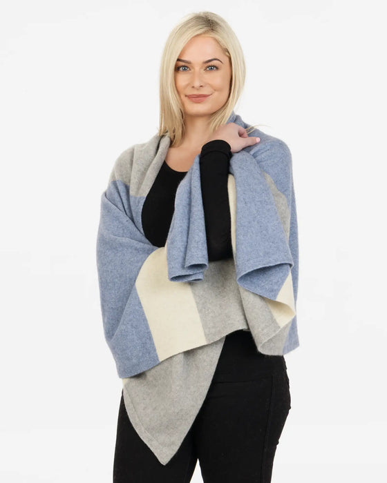 NE815 Crystal blue, grey and cream travel  wrap in possum merino wool blend