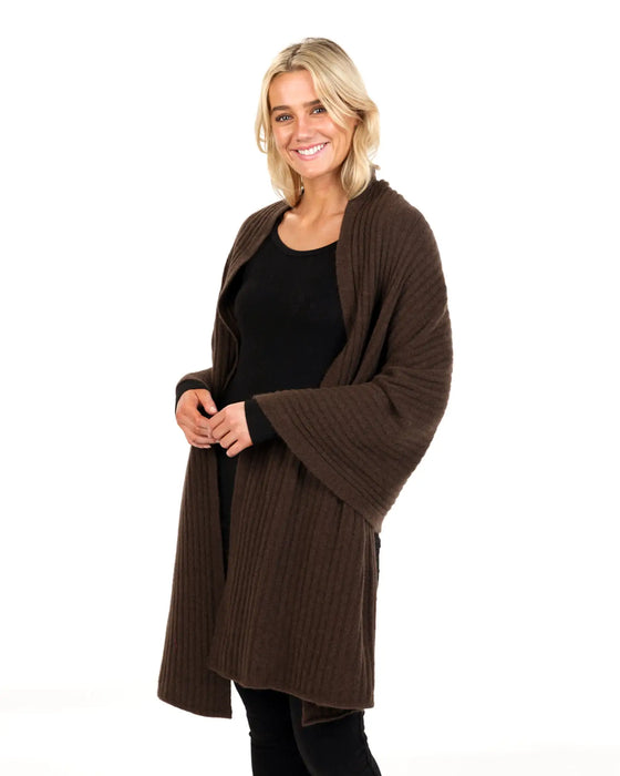 NE860 ribbed knit wrap in cocoa brown possum merino wool