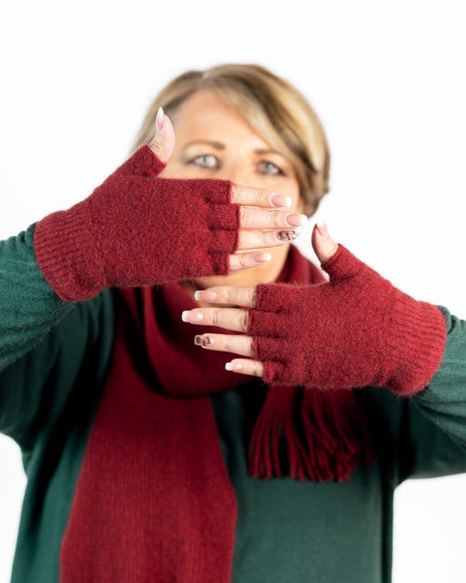 Berry Red #2 Unisex Fingerless Gloves Possum Merino Wool - NX103