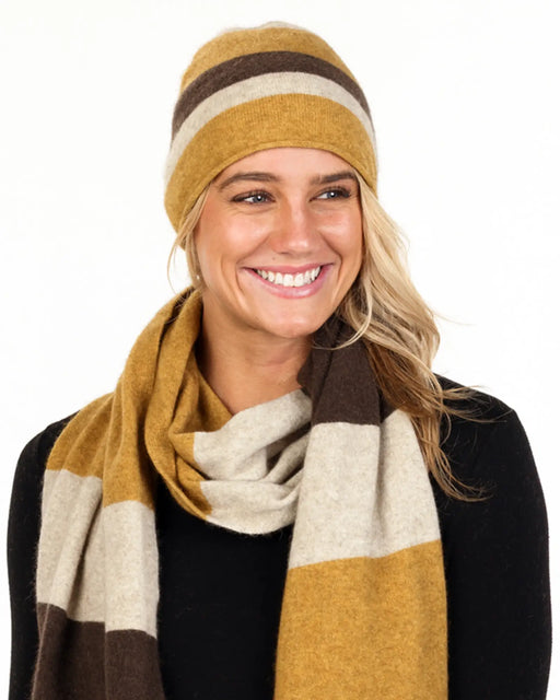 NX824 striped possum merino travel scarf cocoa marigold