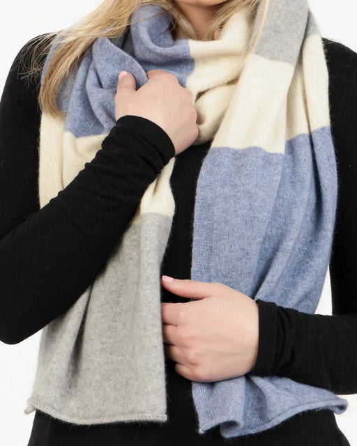 NX824 travel scarf in crystal blue stripes close up